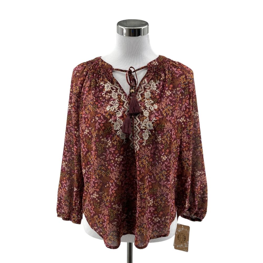 Mason & Belle Blouse Womens Medium Burgundy Bobby Embroidered Floral Tie Detail